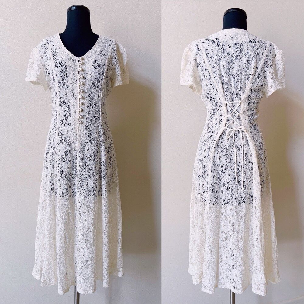 Vintage 90s Ivory Midi Dress L Lace Up Corset Back Grunge Cottagecore Whimsigoth